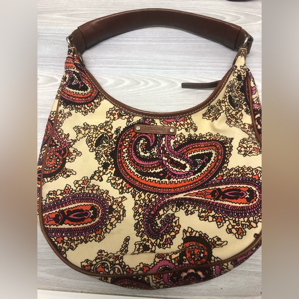 Paisley Canvas Shoulder Bag with Brown Leather Trim